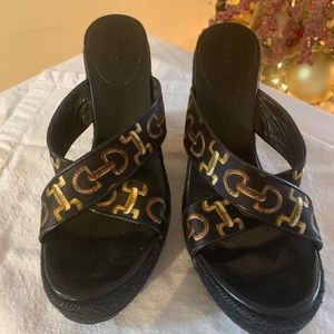 Gucci Black and Gold Wedge Sandals, Like New, Size 8